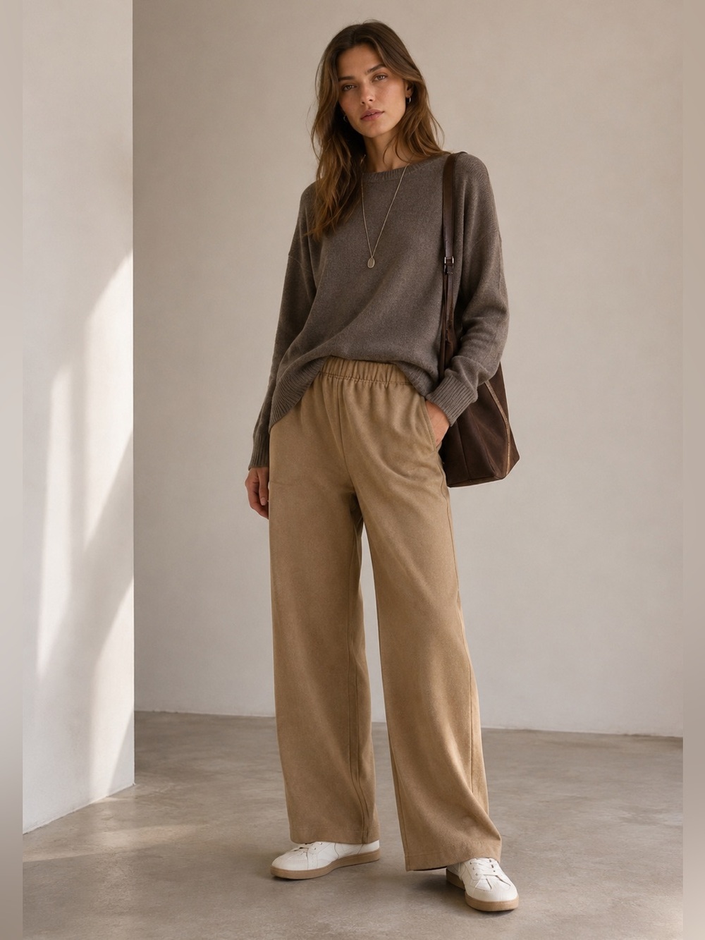OAK + FORT Faux Suede High Rise Straight Leg Pants Camel Sz S